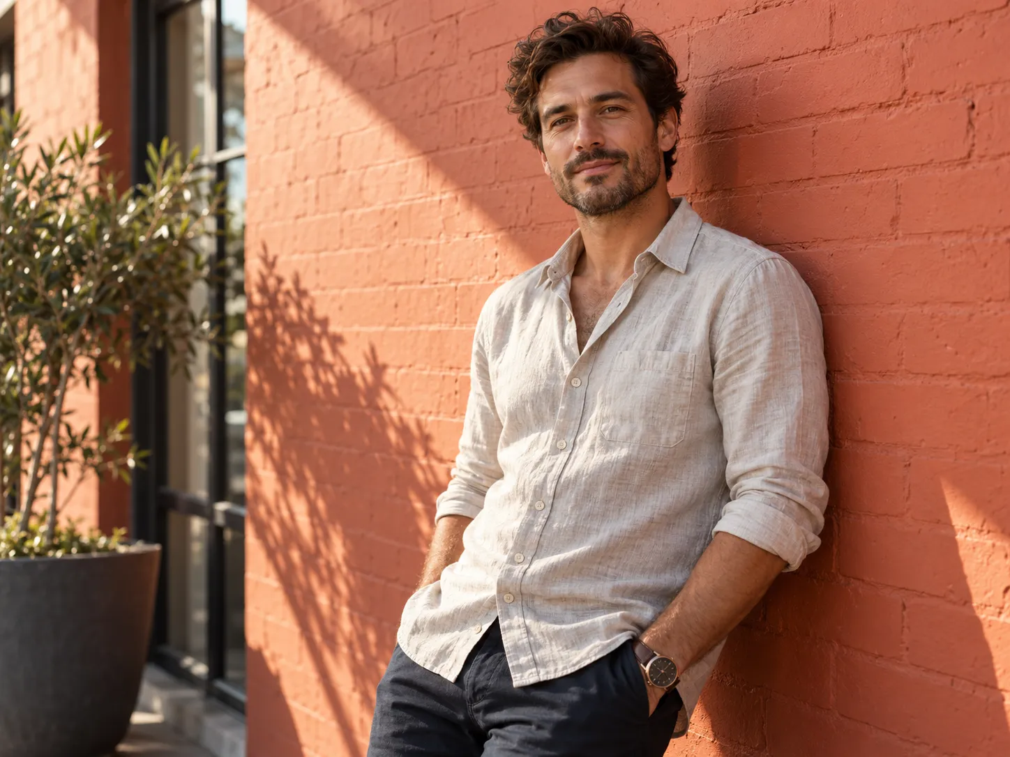 Creative professional portrait against a painted brick wall