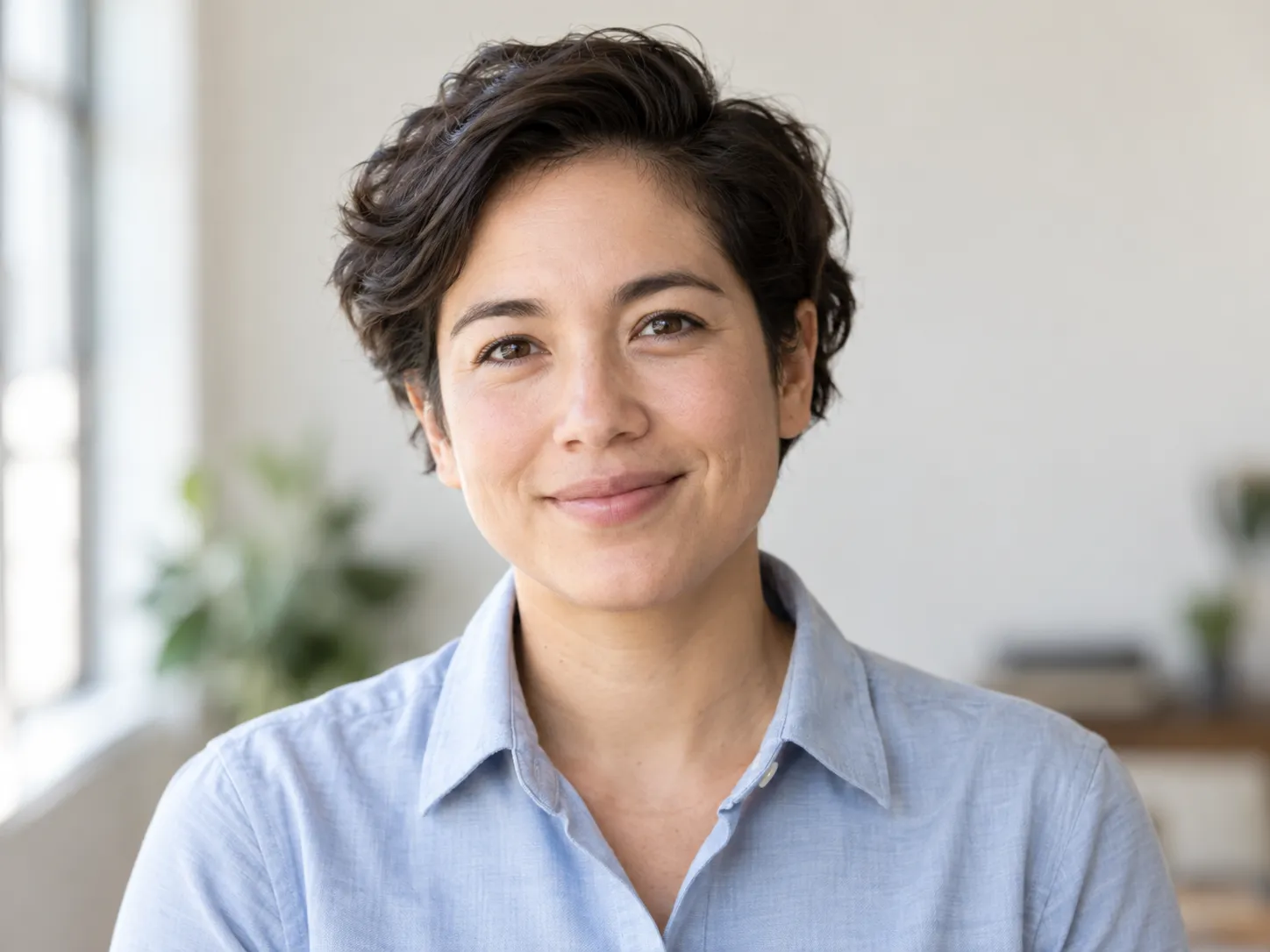 LinkedIn-style profile portrait with a neutral blurred background