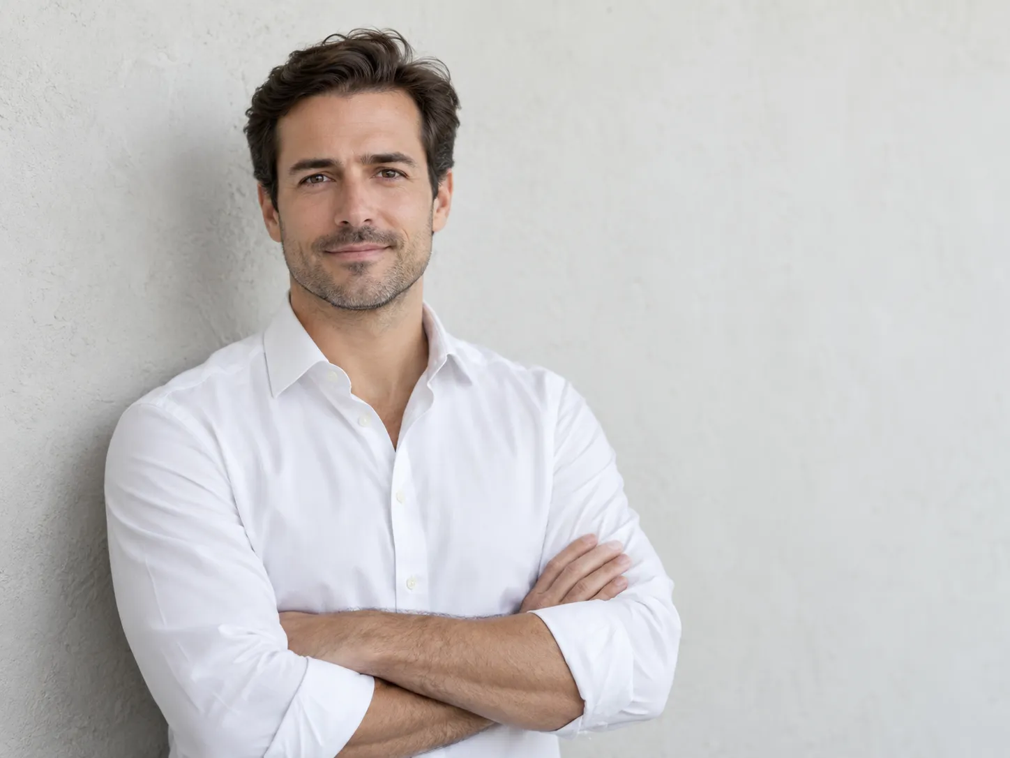 Minimal executive profile photo against an off-white wall
