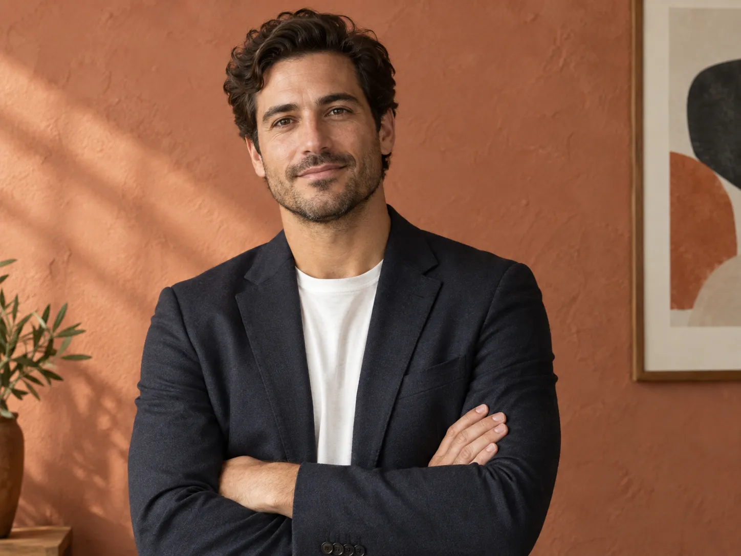 Personal brand portrait in a blazer against a terracotta wall