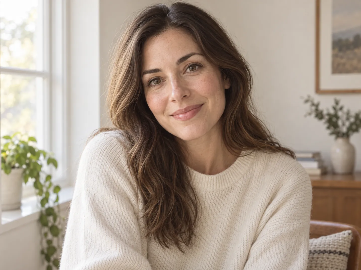 Portrait in soft natural window light with a warm white wall