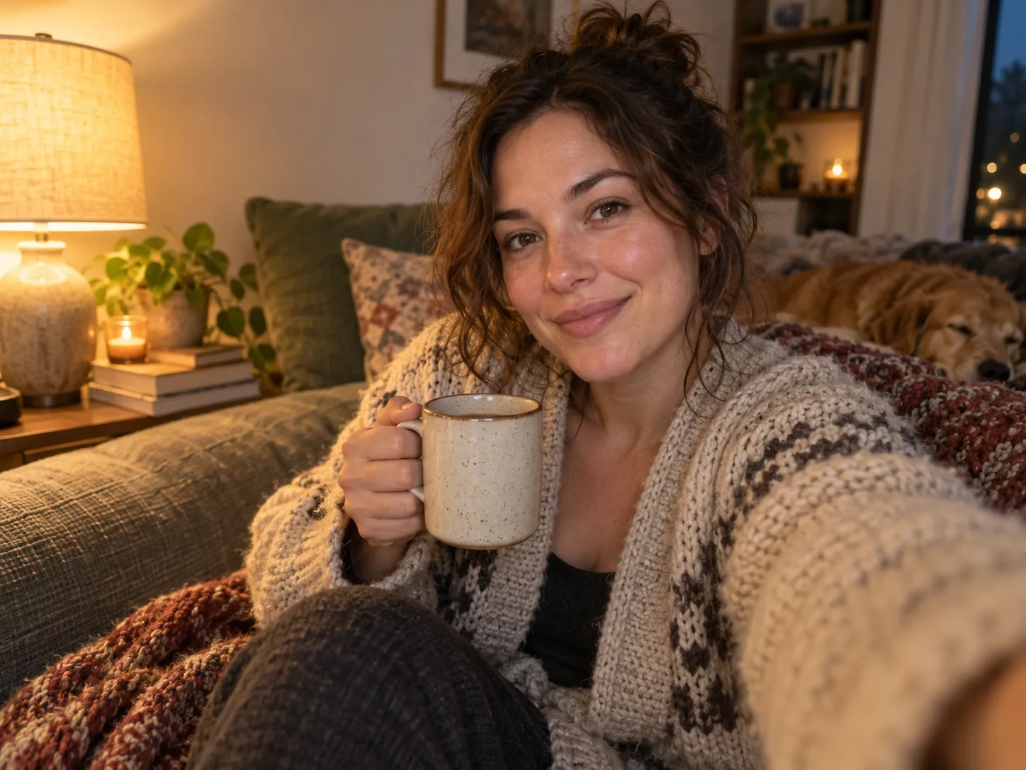 Cozy indoor selfie on a sofa beside a warm lamp