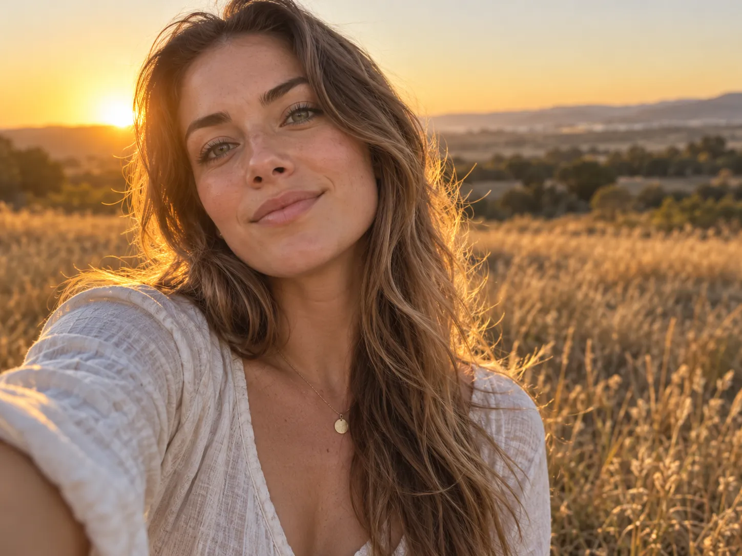 Golden hour selfie with warm rim light behind the subject