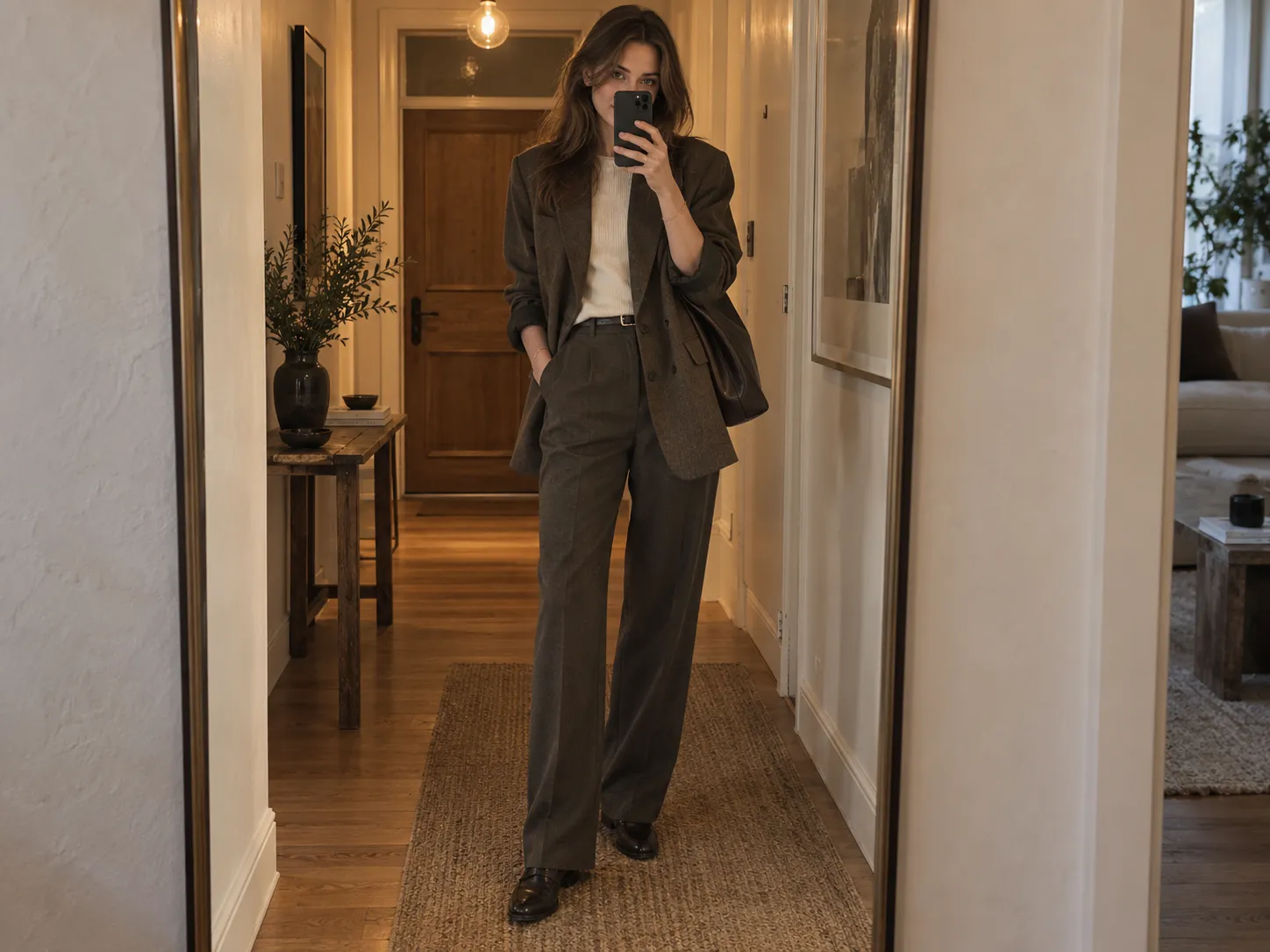 Mirror selfie showing a full styled outfit indoors