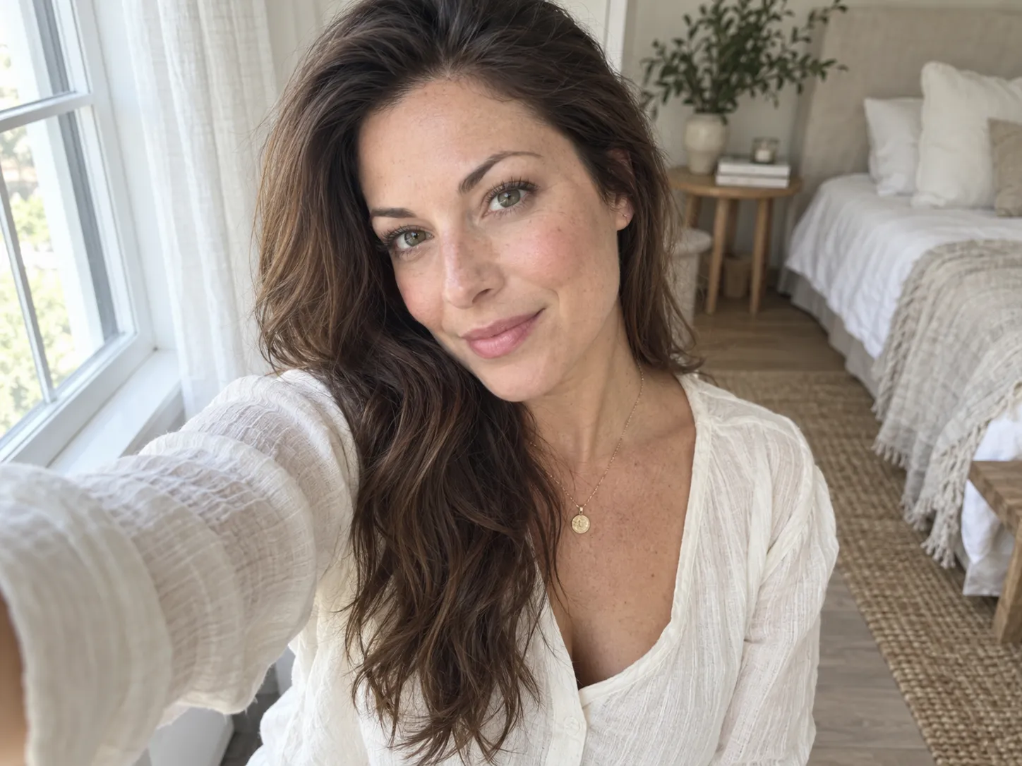 Selfie taken beside a bright window with natural light