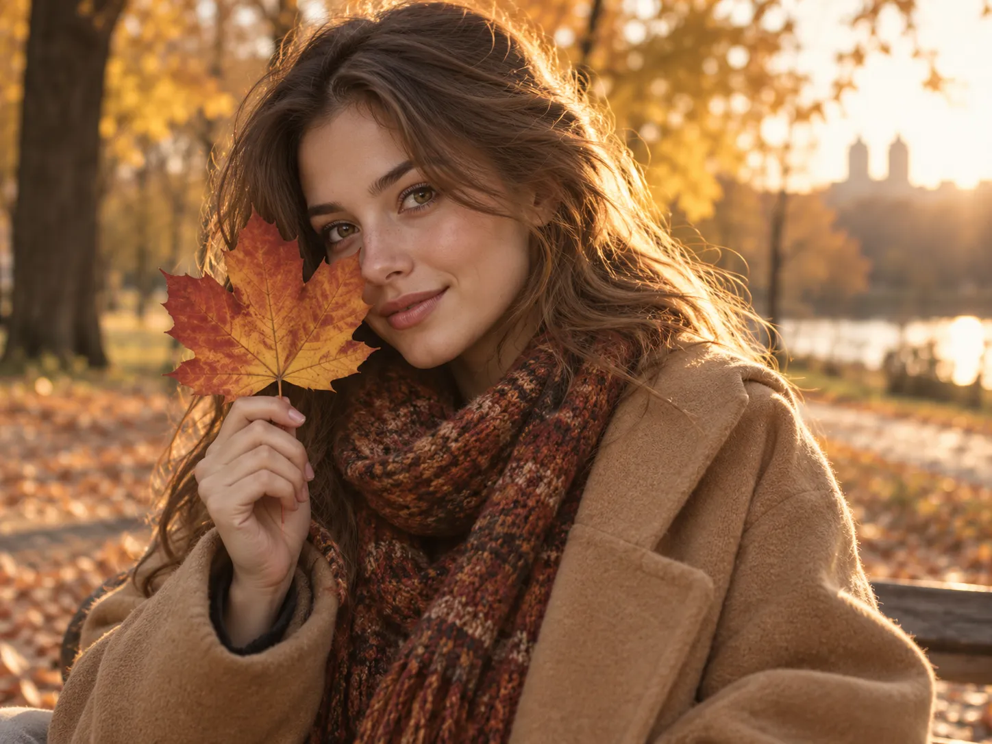 Autumn Thanksgiving portrait with golden leaves and warm light