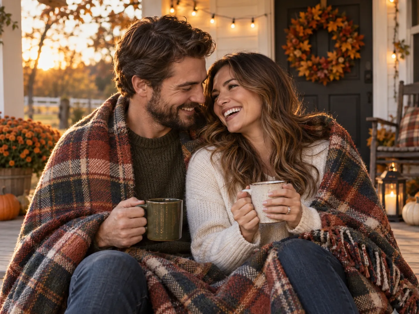 Romantic Thanksgiving couple portrait on a farmhouse porch