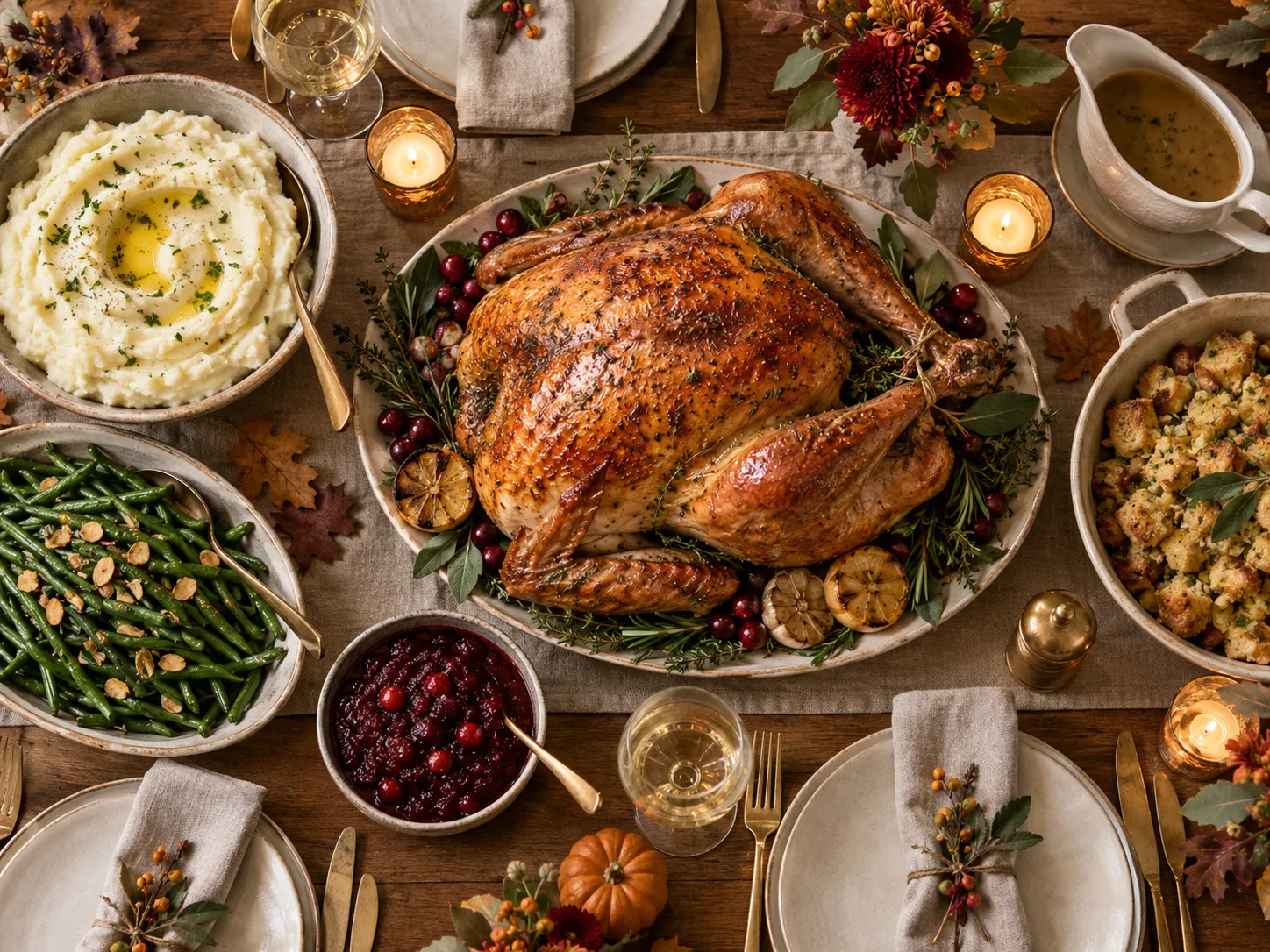 Overhead Thanksgiving dinner table with roast turkey and side dishes