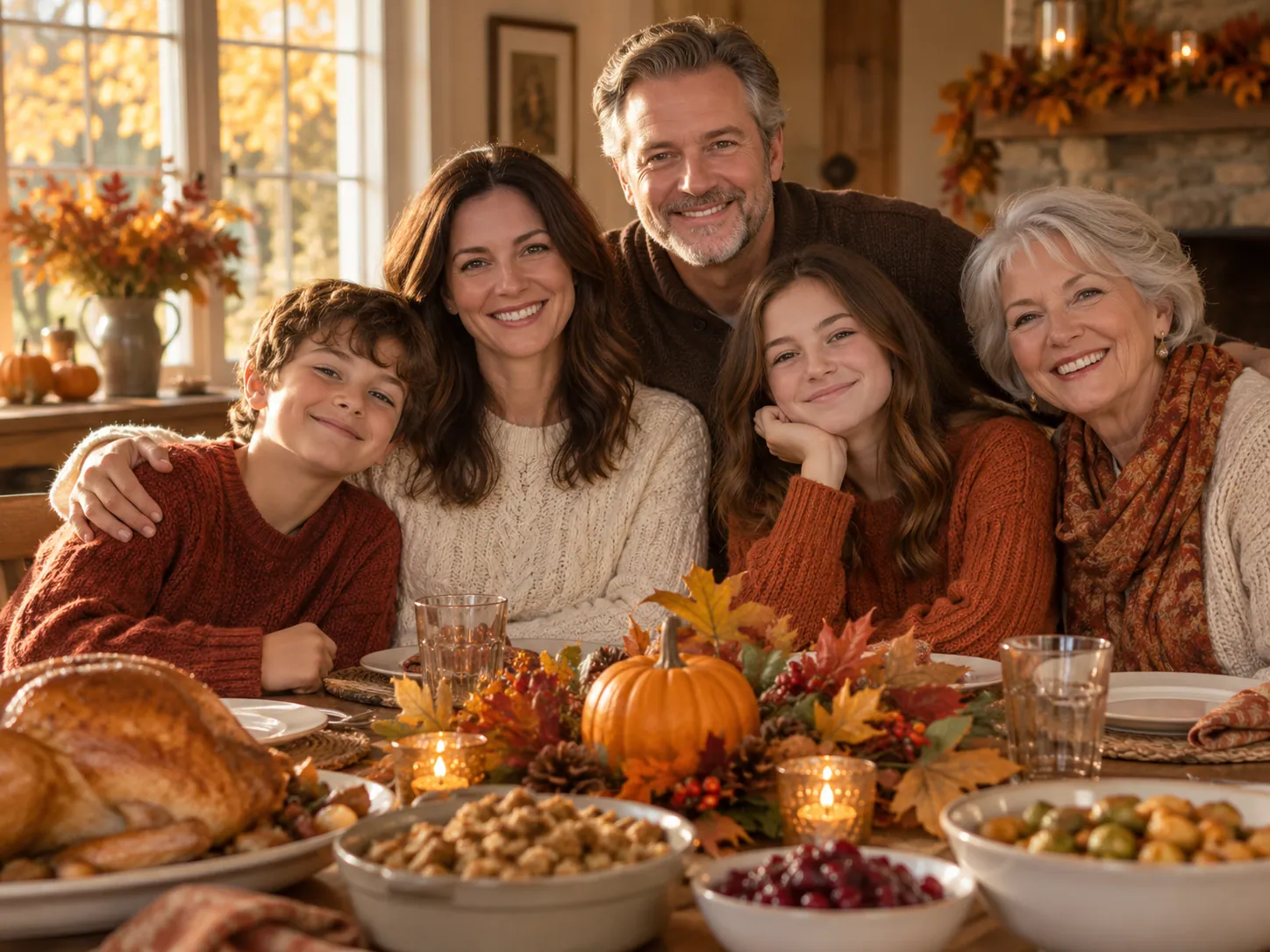 Thanksgiving family portrait around a rustic dinner table