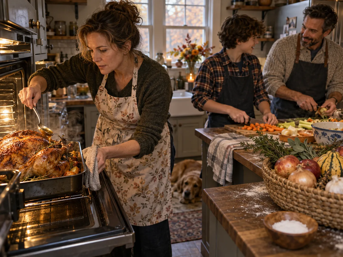 Candid Thanksgiving kitchen scene with a cook and family helping