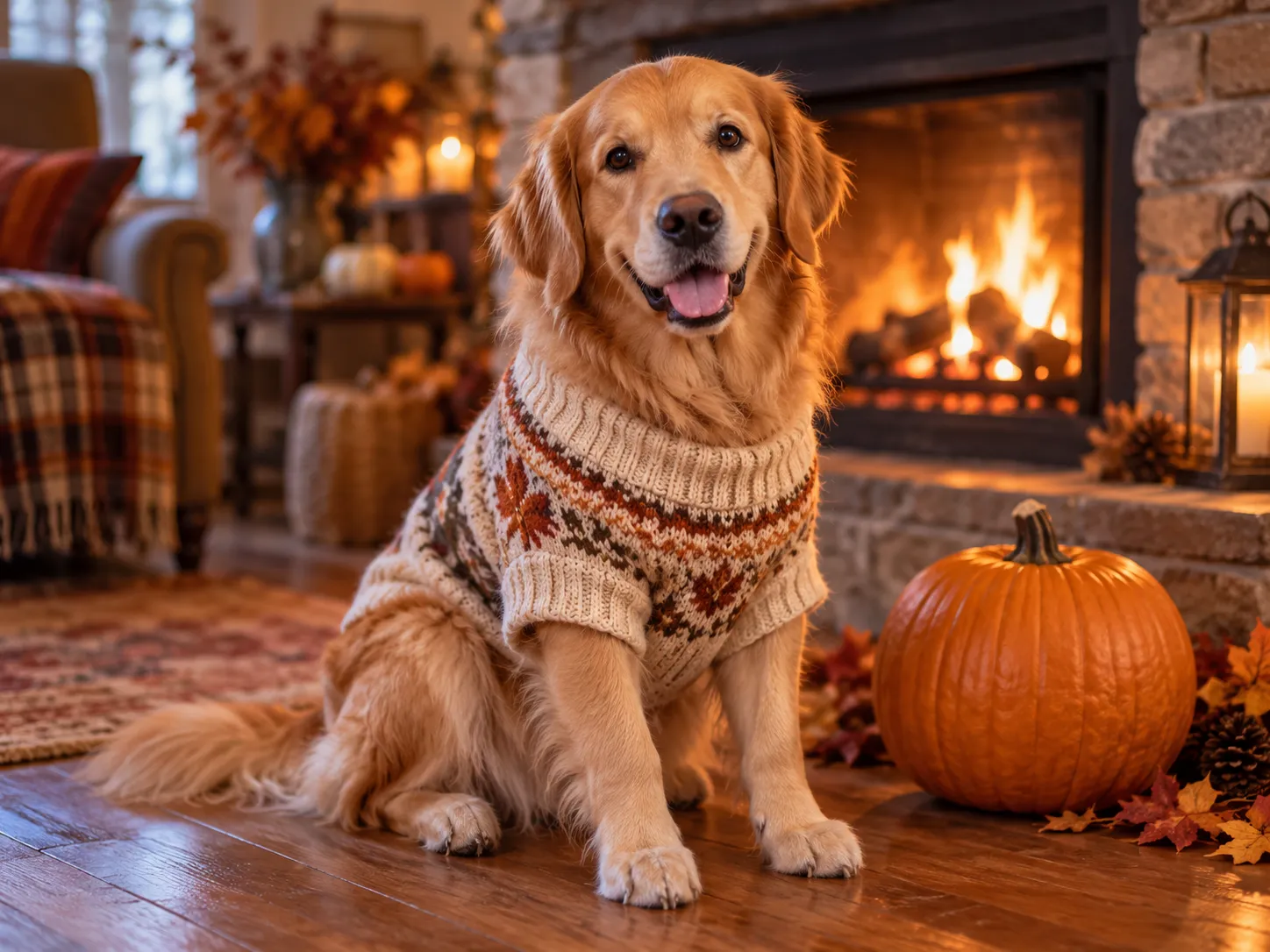 Golden retriever in a knit sweater beside a Thanksgiving pumpkin