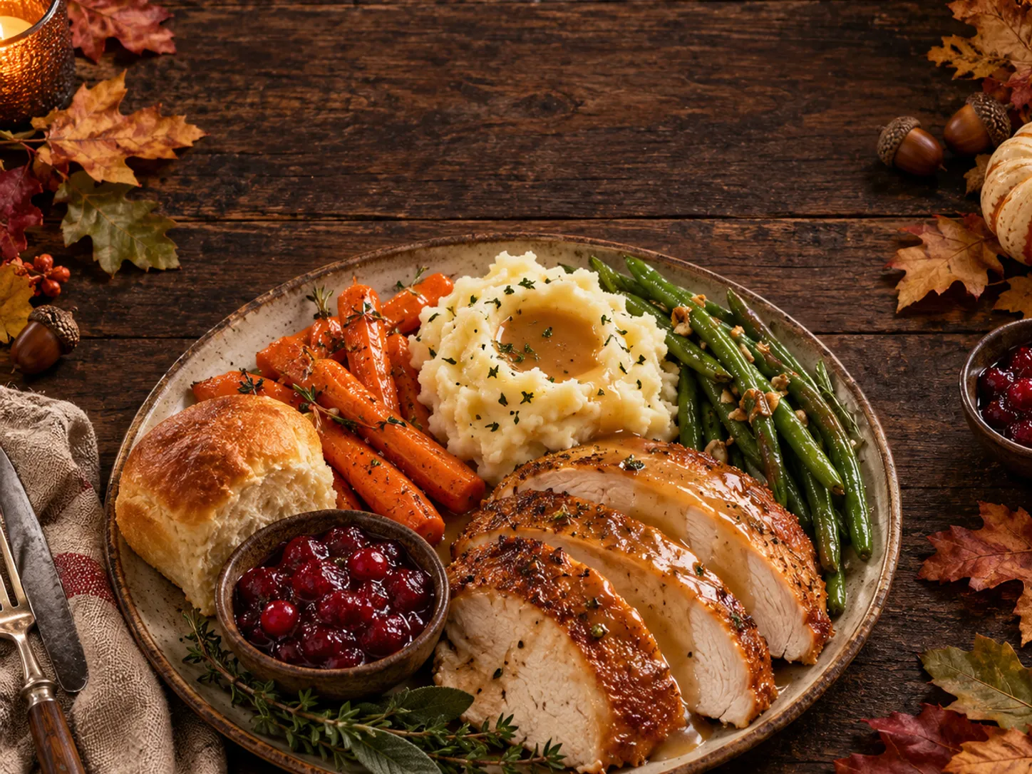 Square Thanksgiving social media graphic with plated dinner