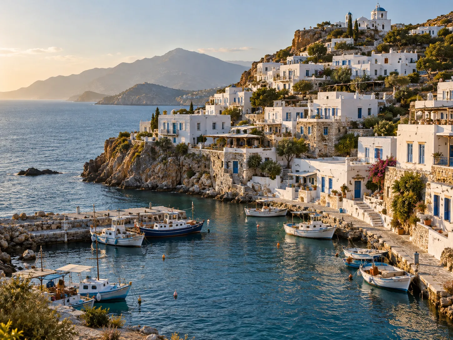 Coastal village with whitewashed houses above a small harbor