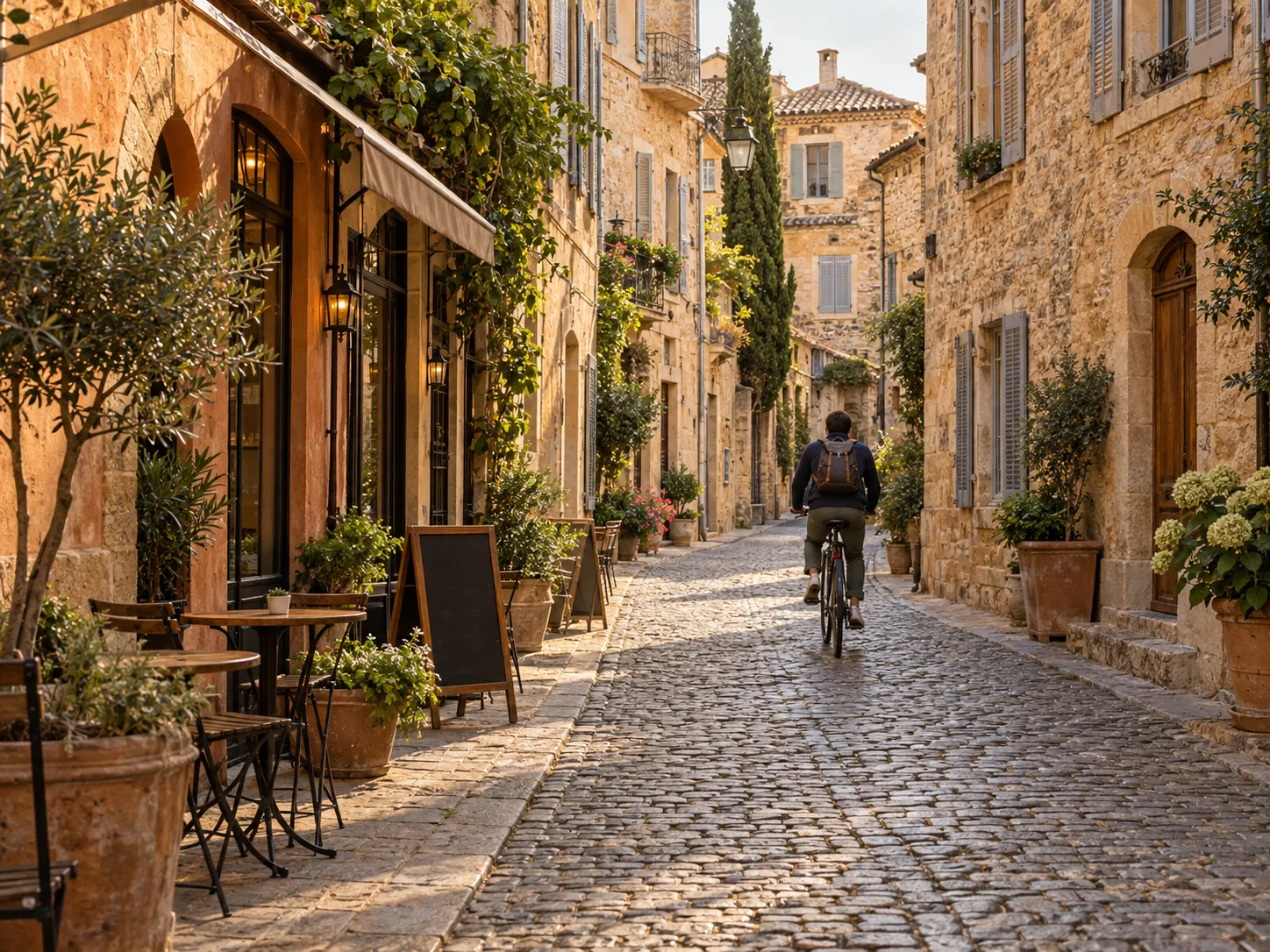 European city street with shuttered windows and warm stone