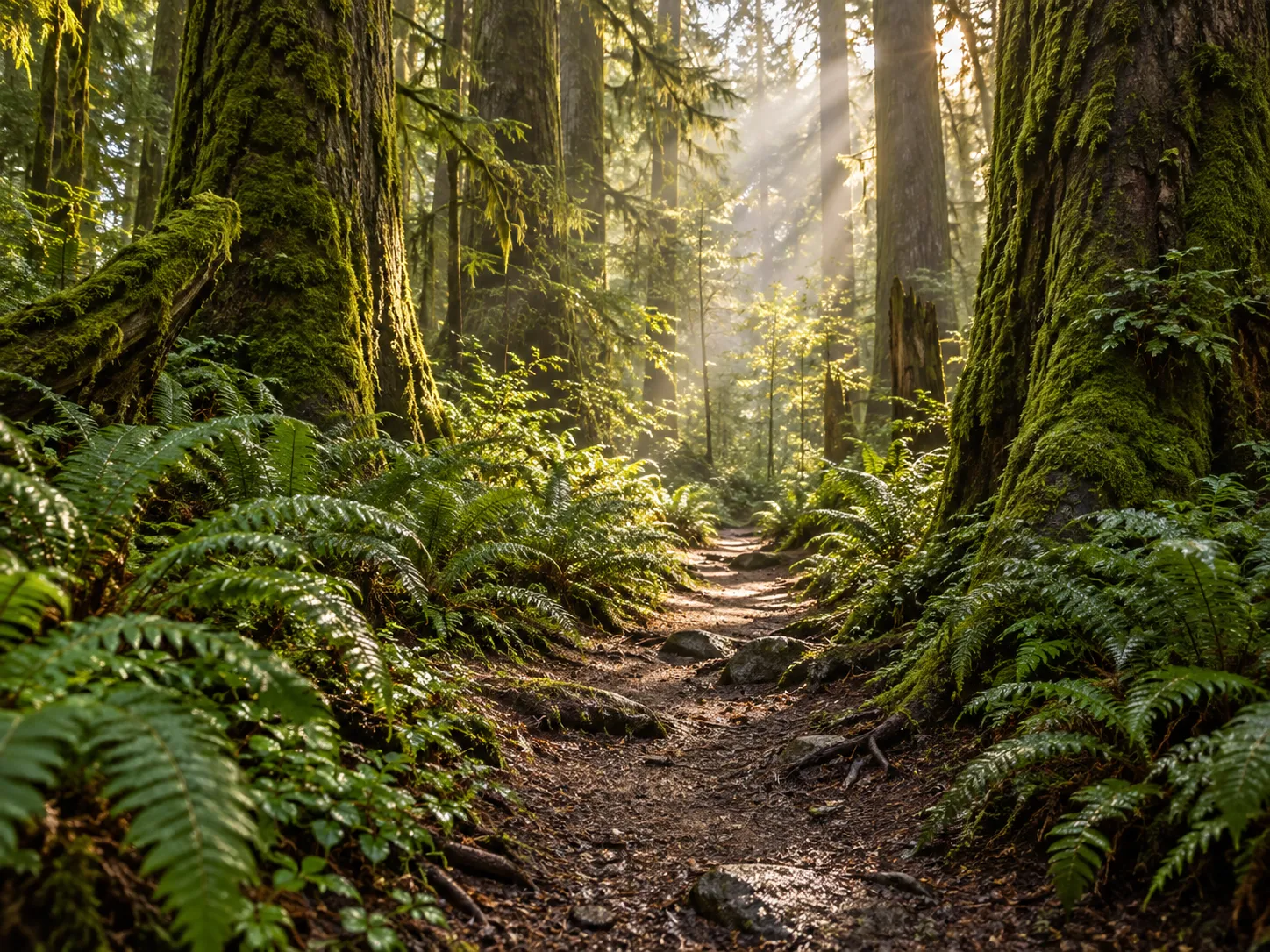 Forest trail with mossy trunks and light through the canopy