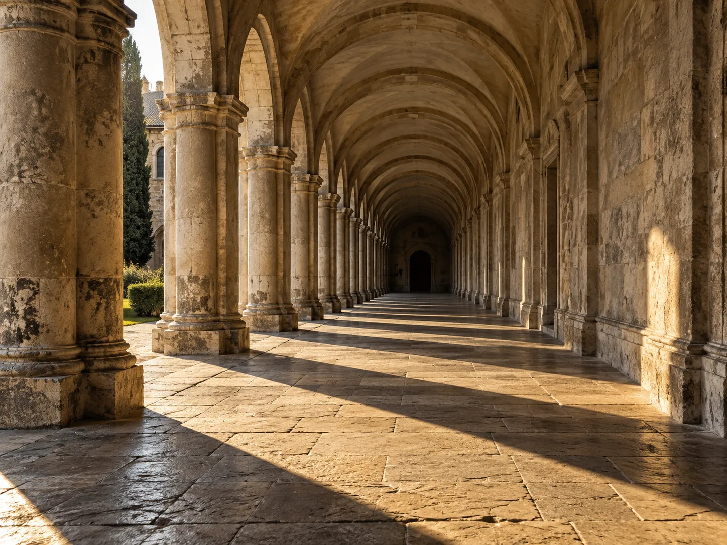 Historic colonnade with repeated arches in low sunlight