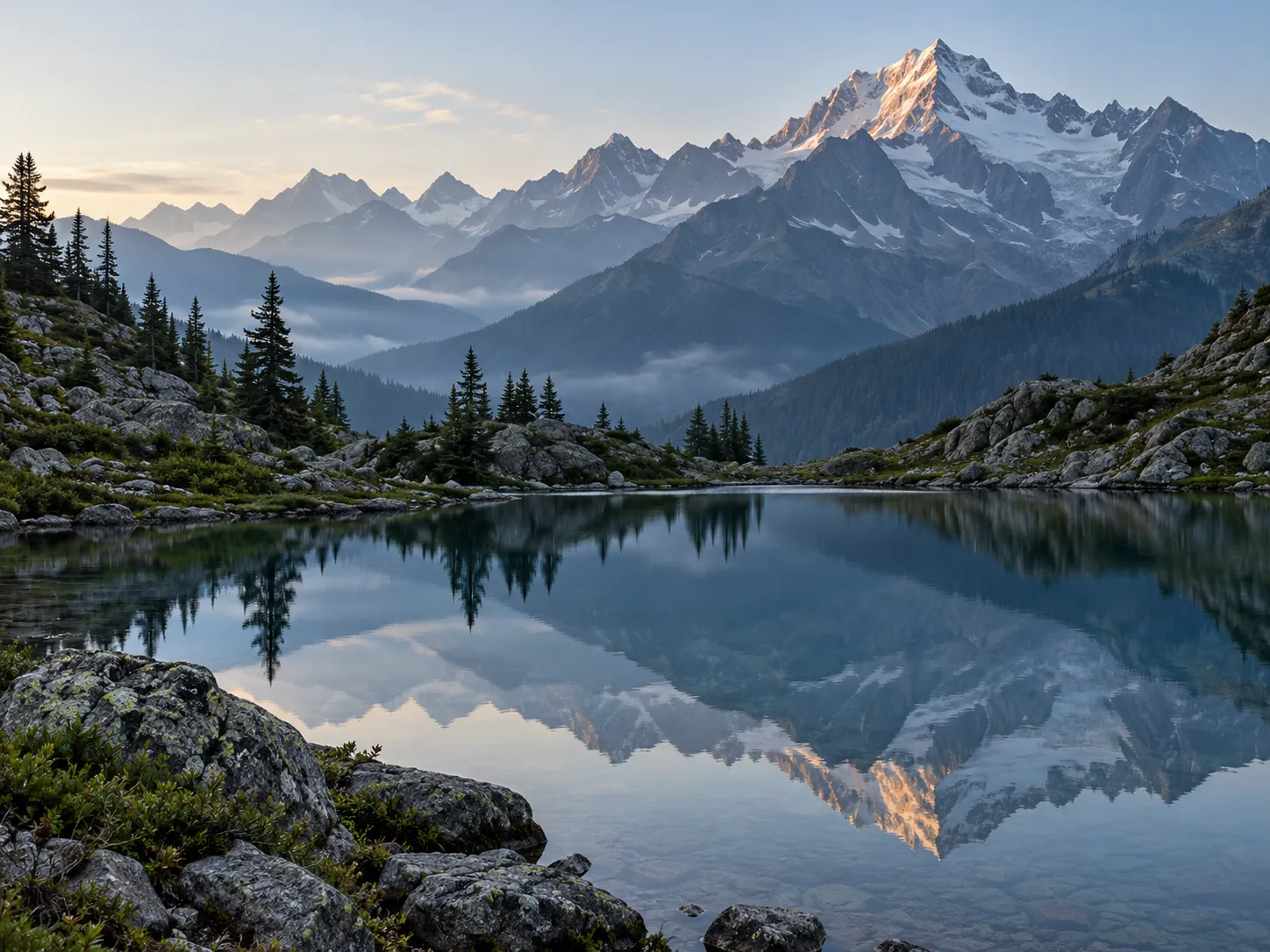 Mountain landscape with layered ridgelines and a lake