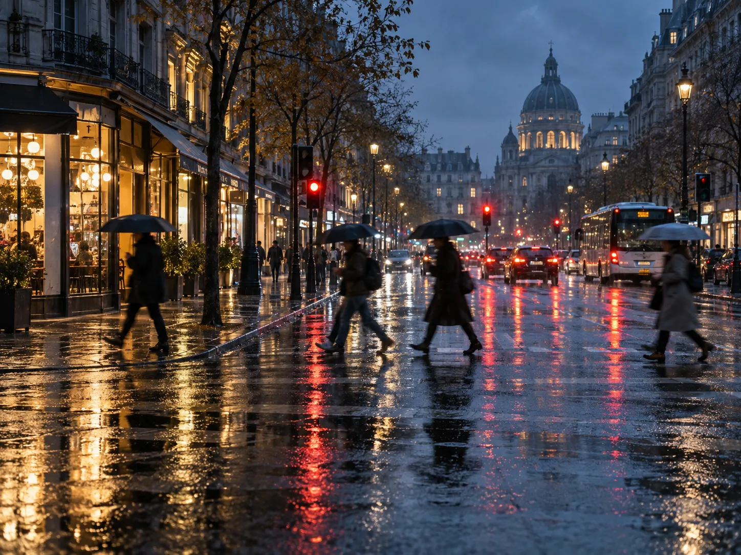 Rainy city travel scene with wet asphalt and shop lights
