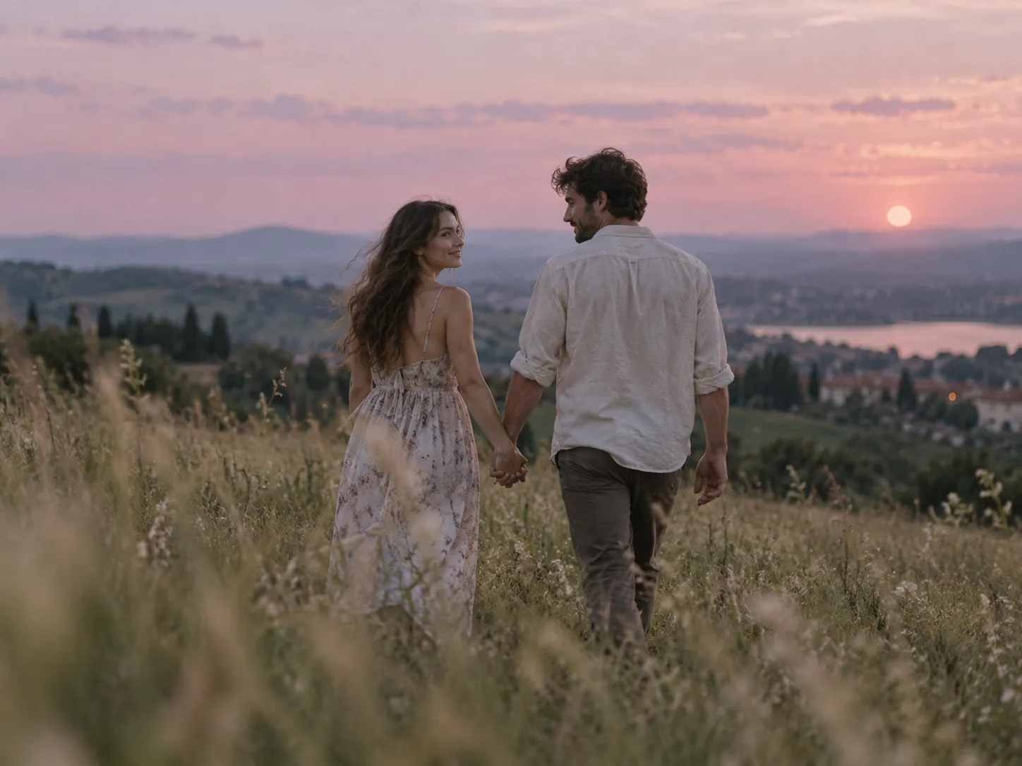Dreamy couple photograph walking in a field at dusk