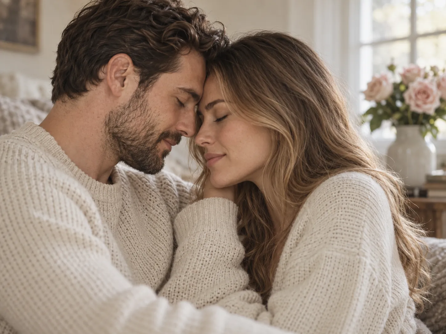 Romantic couple portrait in soft window light with blush roses