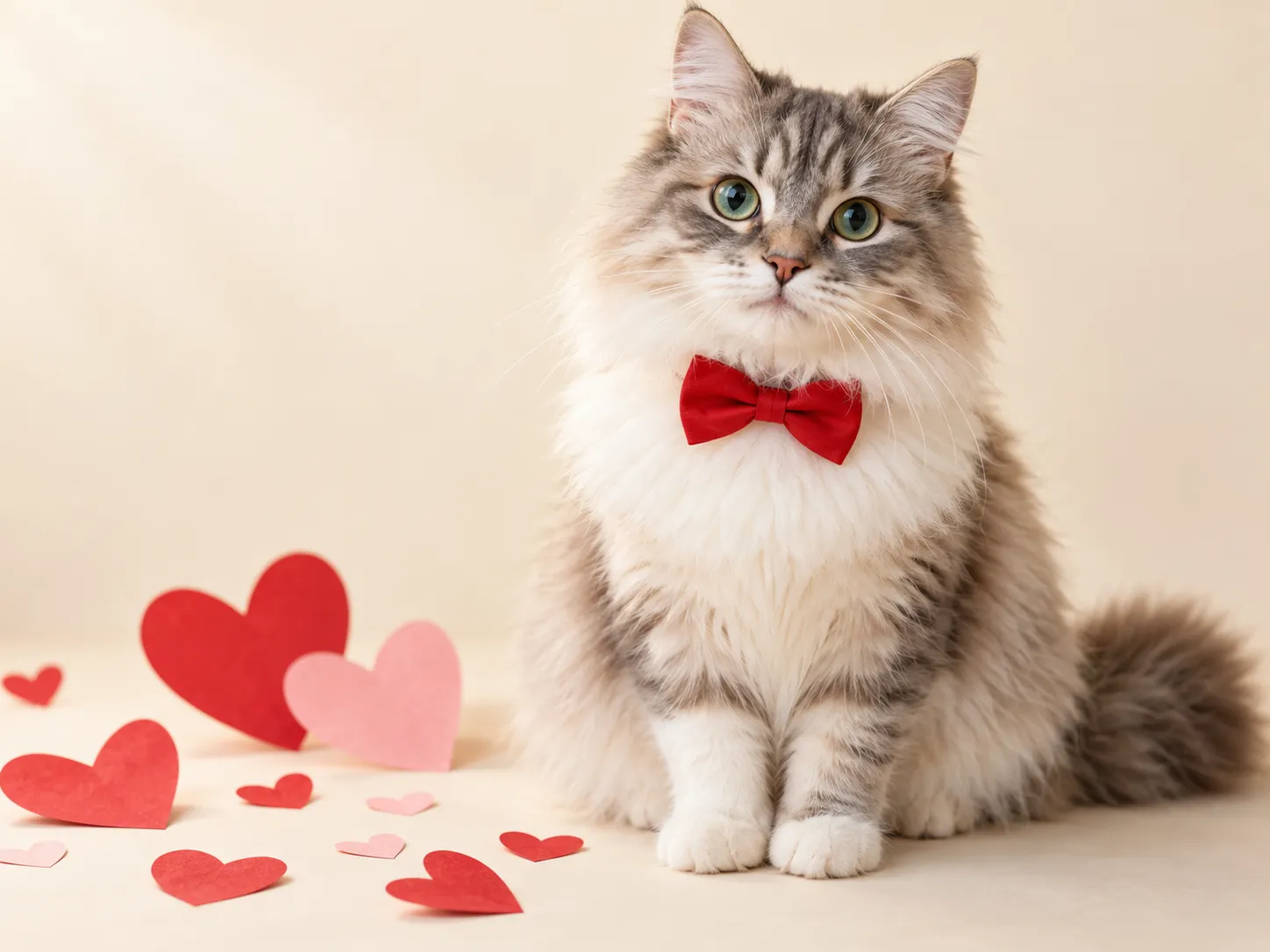 Fluffy cat in a red bow tie beside paper hearts