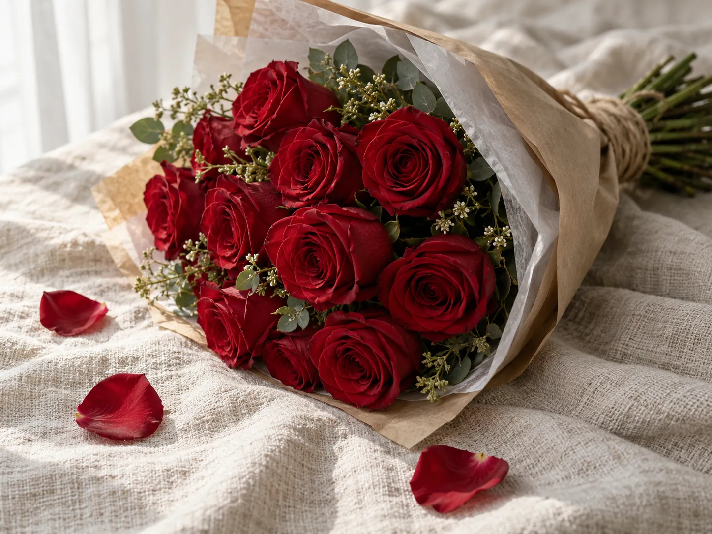 Bouquet of red roses on cream linen in soft daylight