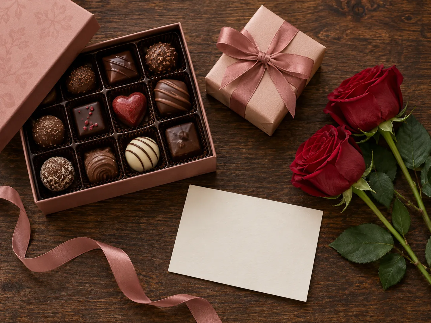 Overhead flat lay of chocolates, gift, roses, and a card