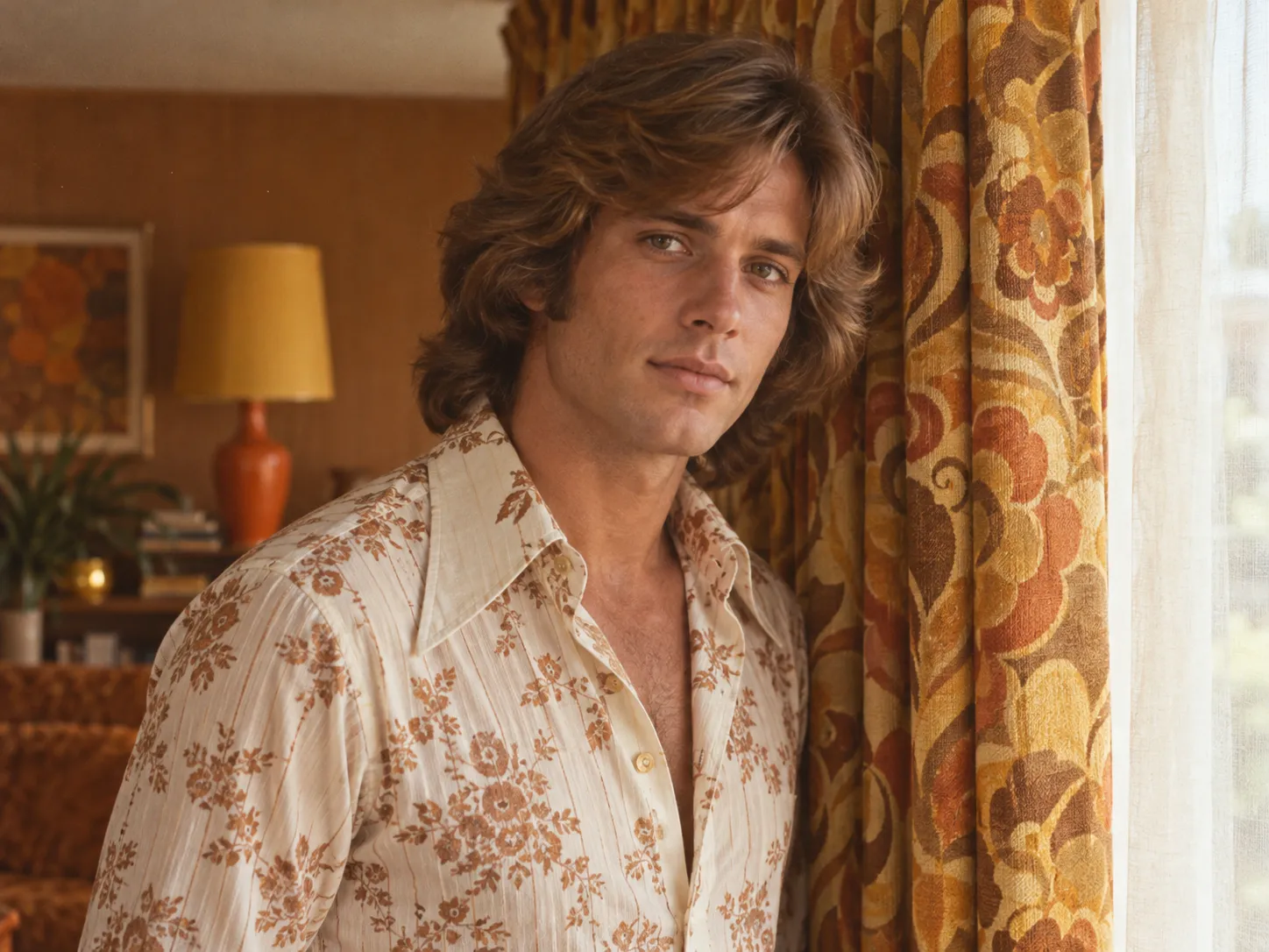 1970s inspired portrait with feathered hair and warm colors