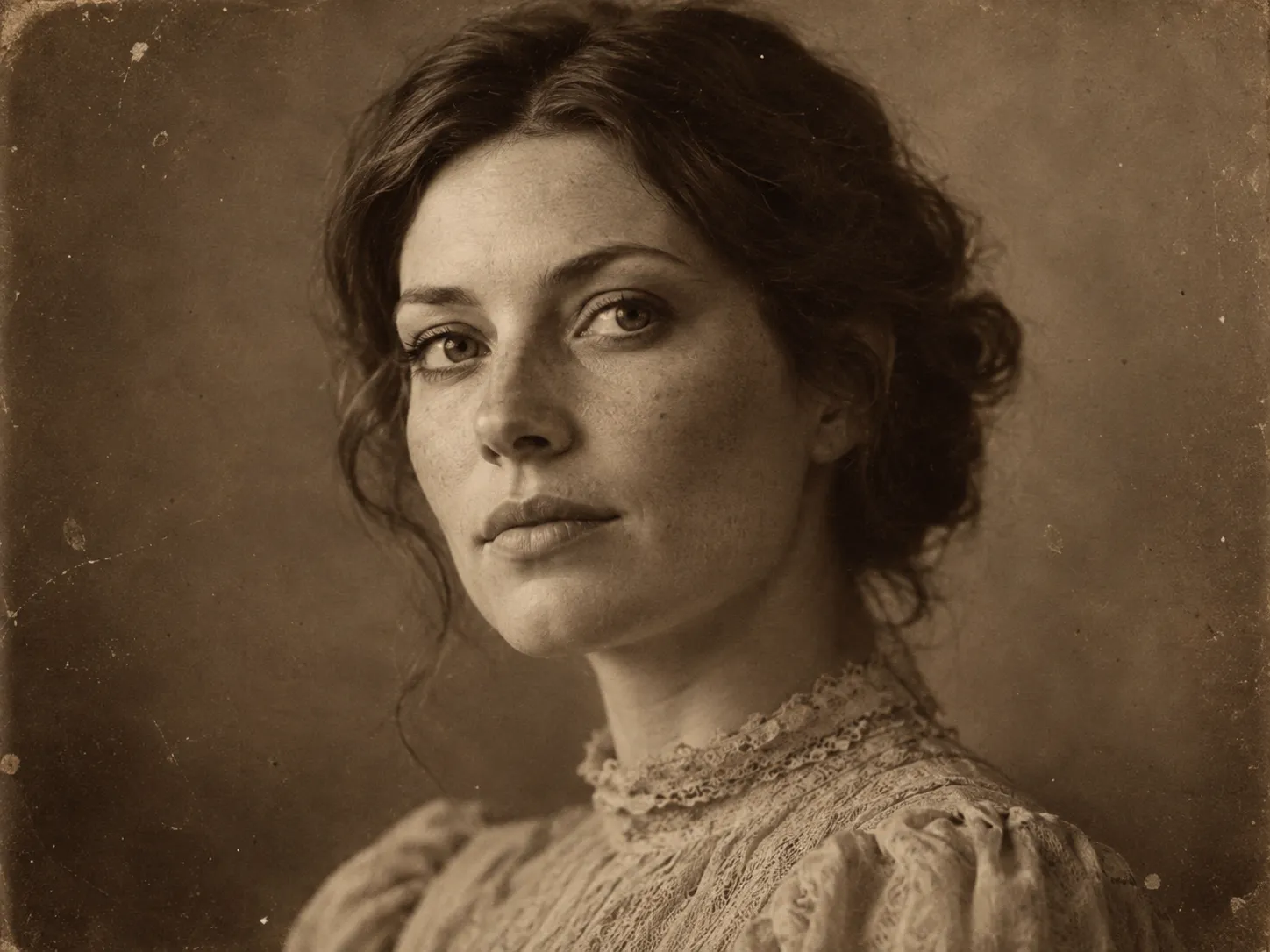 Sepia-toned portrait with film grain and soft focus