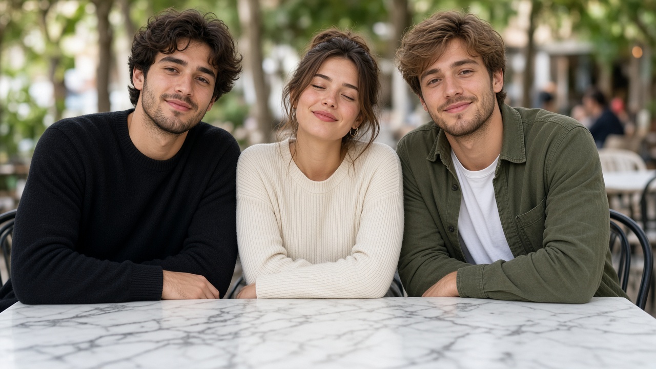 Group photo at a cafe with one person blinking before AI face swap