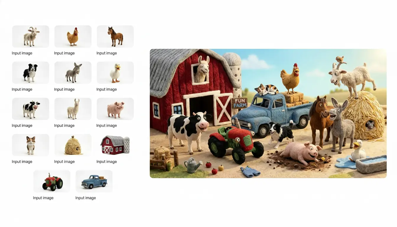 Consistent AI characters arranged across a generated scene